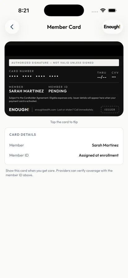 The Care Approved Card, back: member name and ID