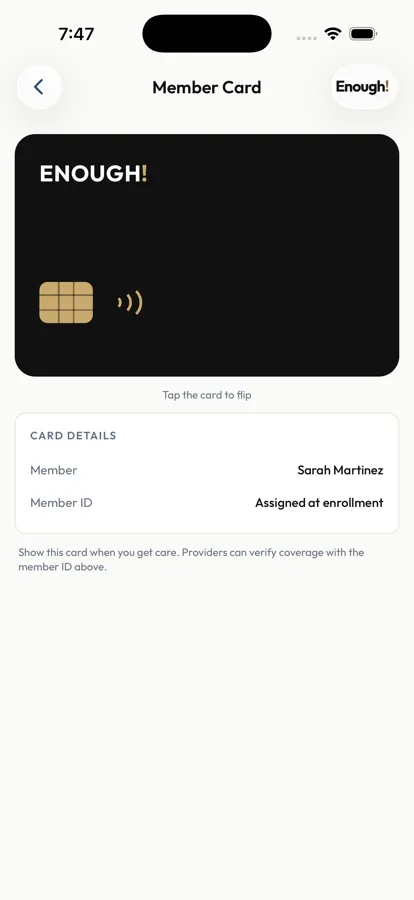 The Care Approved Card, front