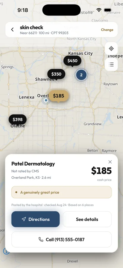 Patel Dermatology: 2.6 miles, a genuinely great price, directions and a phone number