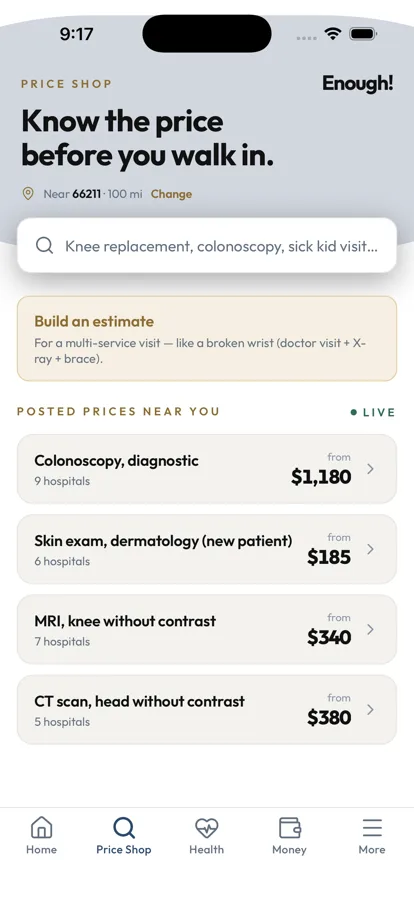 Price Shop: posted prices near her zip, with a dermatology skin exam from $185