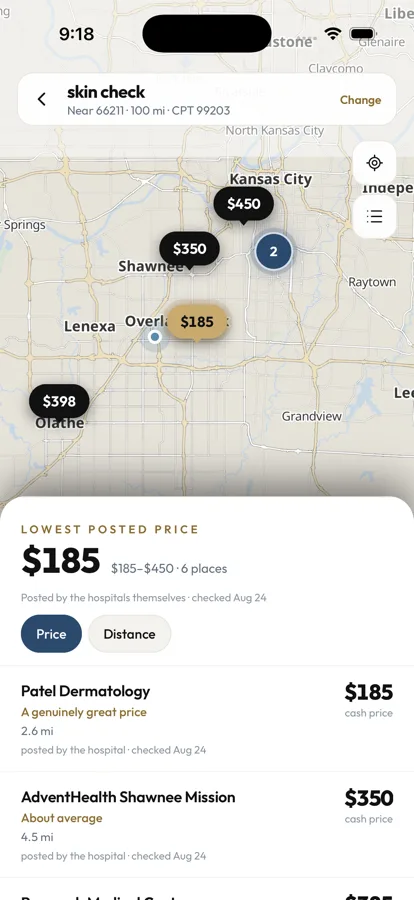 Price Shop map for a skin check: posted prices from $185 to $450 across six places, Patel Dermatology first