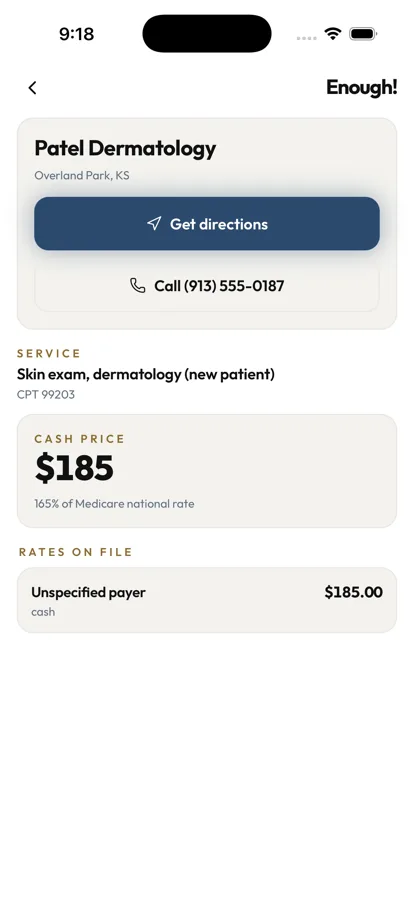 The receipt: Patel Dermatology, skin exam, $185 cash price, 165% of the Medicare national rate