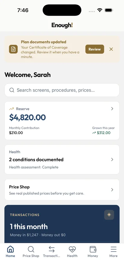 Home: her Reserve balance, monthly contribution, and what it grew this year