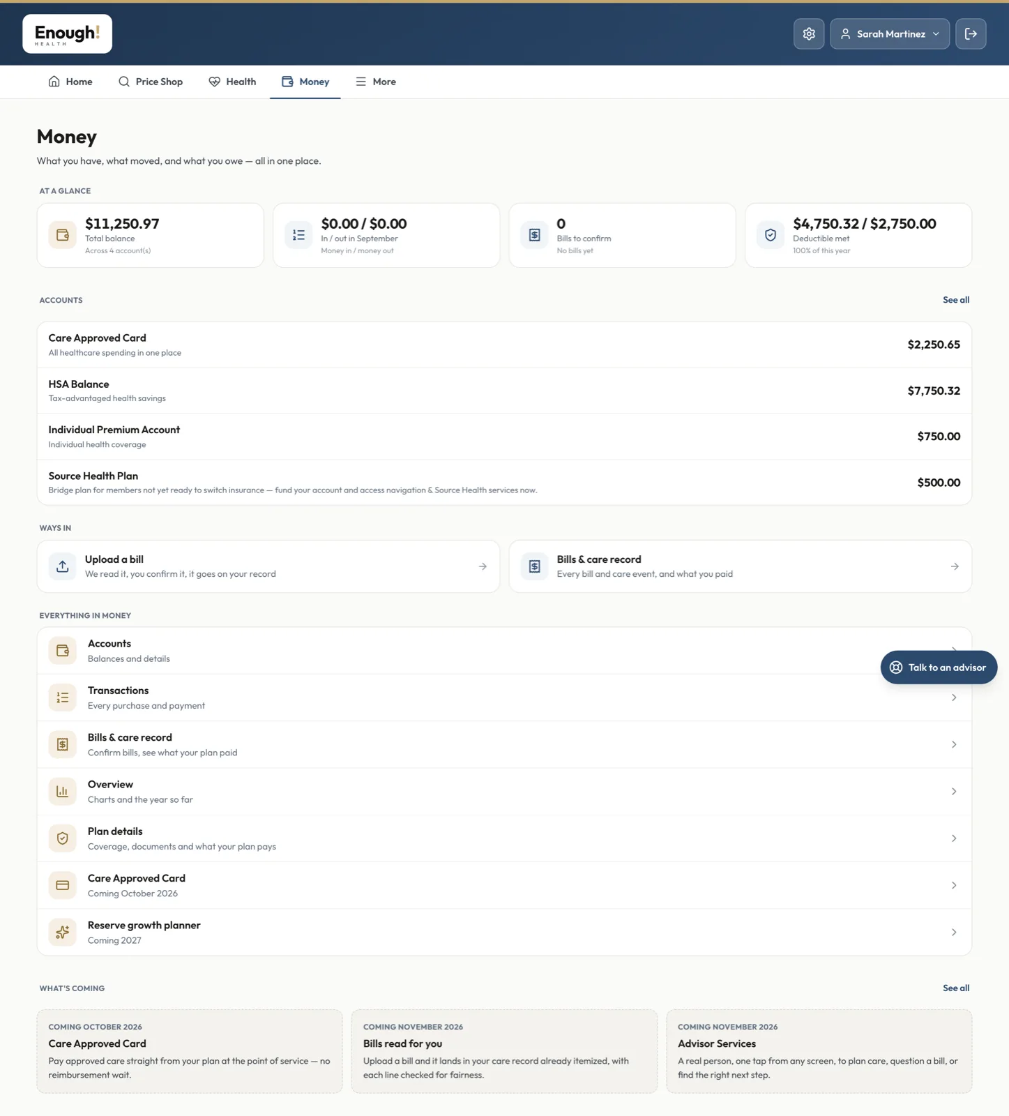 Member Portal Money: total balance, in and out, bills to confirm, deductible met